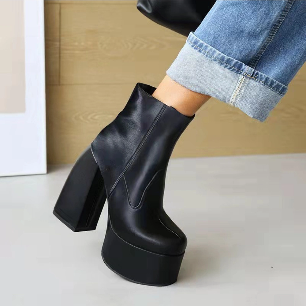 Superstarer 2021 New Large Size Square Toe Female Shoe Thick Heel Platform Winter Boots for Women