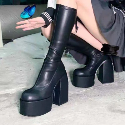 Superstarer/Новинка 2021 года, женская обувь большого размера с квадратным носком, зимние ботинки на платформе и толстом каблуке для женщин
