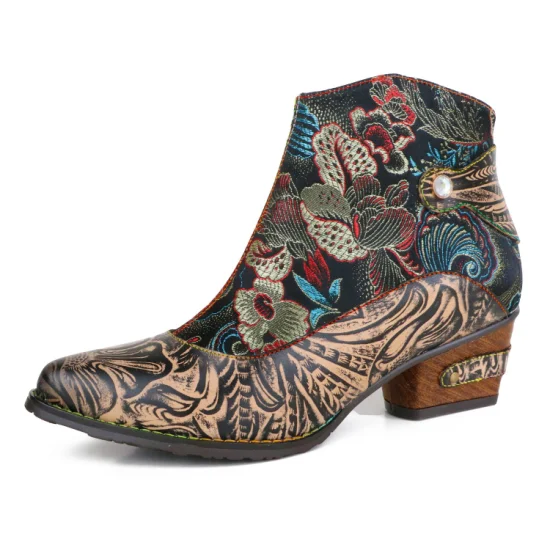 Женская кожаная обувь с тиснением и вышитым цветочным узором, богемные удобные ботинки до щиколотки на низком каблуке